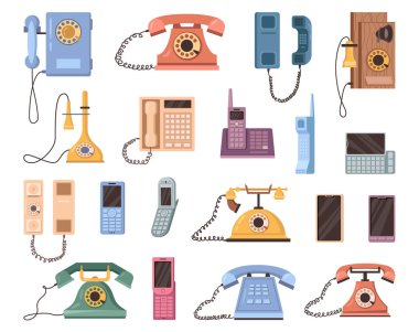 Cep ve sabit telefonların evrimi. Düz çizgi film tarzı, geliştirme ve teknolojinin gelişimi. Ekranlı ve iletişimli akıllı telefonlar, kamera ve internet erişim yetenekleri