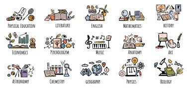 Subjects for school or university. Vector flat cartoon icons for students curriculum. Education and knowledge gaining. Physical education and economics, literature and English, mathematics and history clipart