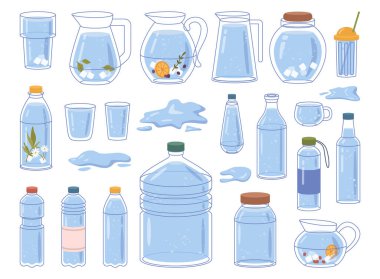 Bardaklar ve şişeler, kaplar ve sürahiler, bardaklar ve su birikintileri. Vektör düz çizgi film, izole edilmiş sıvılar ve su içmek için. Tüketim, limonata veya detoks içeceği için saflaştırılmış ürünler