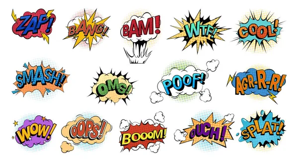 Çizgi roman, pop sanatının ses efektlerini renklendirdi. Vektör izole edilmiş soğuk ve ezme, boom ve ouch, vay ve pat. Çizimlerde, sohbette ya da düşünce baloncuğunda duygu ya da sürpriz ifadesi