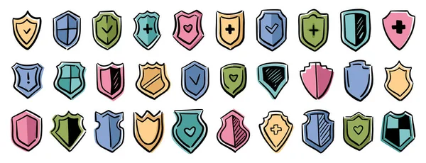 Koruma ve güvenlik, haçlı ve yürekli karalama kalkanlarının sembolleri. Vektör düz çizgi film biçimi, sağlık kuruluşu veya hastane, sigorta veya sağlık kurumları için izole ikon