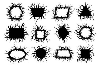 Çatlak ve çatlak dizaynlı sınırlar. Grafikler için cızırtılı, kare ve üçgen, daire ve eşkenar dörtgen, altıgen ve oval figürlü boş geometrik çerçeveler izole edildi. Boş ve siluetler