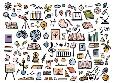 Okuldaki ya da üniversitedeki dersler, disiplin karalamaları. Vektör düz çizgi film tarzı, kitap ve dünya simgeleri. Teleskop ve matematik araçları, mikroskop ve bitkiler, beden eğitimi sporları