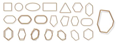 Fotokopi alanı olan altın çizgi gerçekçi boş çerçeveler. Vektör izole edilmiş gölgeli geometrik üç boyutlu kenarlar. Sosyal medya veya logo için basit minimalist şekiller, üçgenler ve ovaller, daireler ve altıgenler