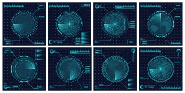 Dijital mavi gerçekçi vektör radarı. Hedefler araştırmada izleniyor. Hava arama ve askeri savunma sistemleri. Navigasyon arayüzü ve donanma sonar görüntüsü veya tarayıcılarla arayüz