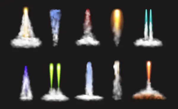 Starten Oder Starten Von Raketen Vereinzelte Flammen Und Dämpfe Rauch — Stockvektor