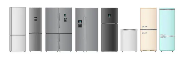 Modern Retro Refrigerators Freezers Kitchen Vector Isolated Realistic Kitchen Appliances — Stock Vector