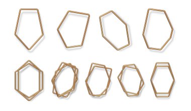 Altın çizgileri ve gölgesi olan minimalist geometrik şekiller. Vektör metin için kopyalama alanı olan basit boş kenarlıkları izole etti. Pankartlar veya logotlar, lüks ve zarif figürler tasarımı