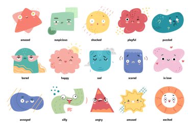 Soyut şirin yüz duyguları. Vektör basit şekiller maskotlar. Şaşırmış ve şüpheli, şaşkın ve oyuncu, kafası karışmış ve sıkılmış, mutlu ve üzgün, korkmuş ve aşık, sinirli ve aptal, eğlenmiş ve çıkmış