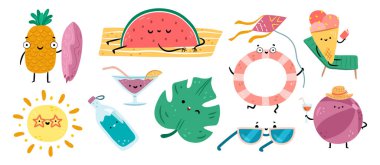 Sevimli yaz insanları. Sörf tahtası ve sahilde karpuz, uçurtma ve dondurma külahlı can simidi, kokteyl ve gözlüklü şapkalı top, tropikal yaprak ve su şişesi.