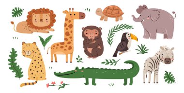 Cute jungle animals and personages from woods and savannah with tropical leaves plants. Vector isolated toucan, lion and elephant, giraffe and crocodile, leopard and zebra, turtle and monkey clipart