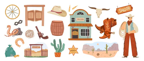 Símbolos Oeste Selvagem Cartoon Western Set Vector Cowboy Taberna Placa Vetores De Stock Royalty-Free