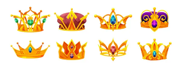 Kral Kraliçe Prens Prenses Altın Değerli Taşlar Mücevherlerden Yapılmış Taçlar — Stok Vektör