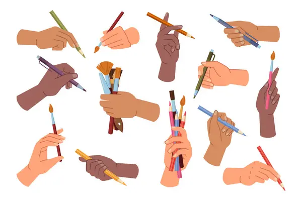 画家手持绘画和绘画的设备和工具 用铅笔 蜡笔和钢笔 不同形状和厚度的刷子隔开的一组矢量臂 — 图库矢量图片