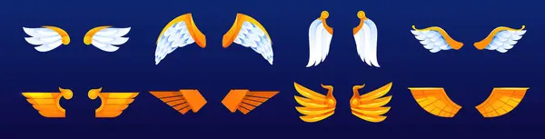 インタフェースのゲームUi要素のための翼装飾または装飾 ベクターによって分離されるセット 羽および金材料が付いているペア 達成またはランクボード メニューまたはトロフィーの装飾のための漫画の設計 ベクターグラフィックス