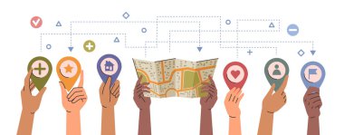 Modern navigasyon ve GPS sistemiyle seyahat ediyor. Vektör, evi ve yıldızı tutan izole edilmiş elleri, artı ve kalp simgeleri ve seyahat ve yolculuk güzergahları olan haritalar. İşaretçiler ve işaretleyiciler
