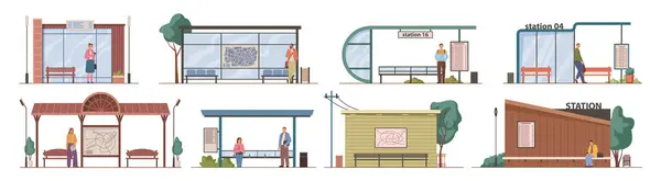 Kollektivtrafikstationer Och Busshållplatser Utomhus Med Människor Och Passagerare Vektor Isolerad Royaltyfria illustrationer