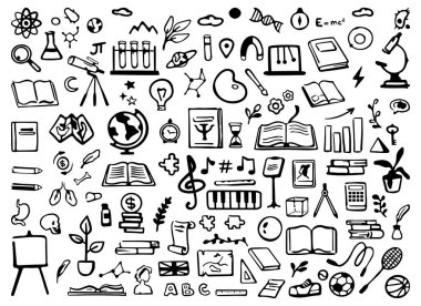 Üniversite ya da üniversite dersleri, tek renkli karalamalar. Vektör düz çizgi film tarzı, kitap simgeleri ve eğitim araçları. Ders ve dersler için fizik ve biyoloji, kimya ve astronomi ekipmanları