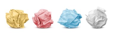 Garbage paper idea notes trash, isolated set of realistic crumpled balls. Vector failure or mistake on sheet, crinkled page or used bag, wastepaper sorted for recycling, rumpled texture clipart