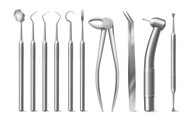 Mouth mirror and explorers, sickle probes and torque wrench, dental bur and cotton forceps, periodontal probe. Vector isolated realistic tools for treating cavities, teeth extraction instruments clipart