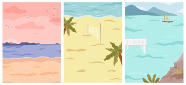 Dağ manzaralı deniz burnu voleybol ağlı tropikal plaj palmiye ağaçları ve çimenler, kayalar ve dalgalar. Deniz yoluyla vektör yaz tatili. Vahşi manzaralı doğa manzaraları, deniz kenarında tatil
