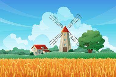 Olgun buğday tarlasında eski değirmen ve kulübe ya da çiftçilerin evi. Vektör tarımı ve tarım, köy kırsal kesiminde kırsal kesim ve polis hasat için hazır. Arpa organik üretimi