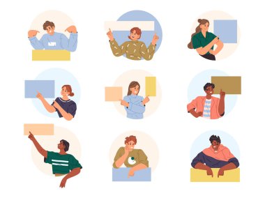 Erkekler ve kadınlar mesaj için fotokopi alanı olan pankartları işaret ediyorlar. Tavsiye, ürün reklamı ya da arkadaşlardan tavsiye isteyen izole edilmiş neşeli kişiler.