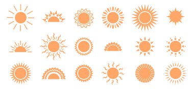 Güneş ışınlı UI simgesi, izole güneş ışığı ve güneşli hava göstergesi. Gün batımı ve gündoğumunun simgeleri. Sıcak sıcaklık ve iklim değişikliği, güneş ışınlı basit stil etiketleri.