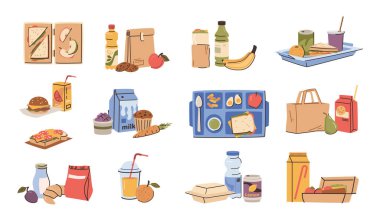 İş yerinde ve eğitim kurumlarında atıştırmalıklar ve öğle yemekleri. Peynirli, sebzeli, meyveli ve pastalı vektör tostları. İçecekler için yiyecek, şişe ve bardak taşımak için konteyner.