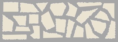 Kağıt parçaları, izole edilmiş boş kağıt parçaları. Kopyalama alanı için boş alanı olan vektör sayfaları. Kağıt hamuru, yama ya da el işi, sanat eseri şeritleri için parçalanmış ya da yırtılmış malzeme