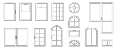 Evler ve apartman pencereleri tipi. İzole edilmiş ahşap ya da plastik çerçeve seti. Kemerli ve kare, balkon ve küçük oval. Dış ve iç tasarım, ev yenileme mimarisi seti