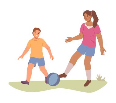 Çocuklar çimenlerin üzerinde topla oynuyorlar, kız ve erkek. Parkta oynayan vektör çocuklar, düz çizgi film karakterleri vektör çizimleri. Mutlu çocukluk, top ile spor aktiviteleri