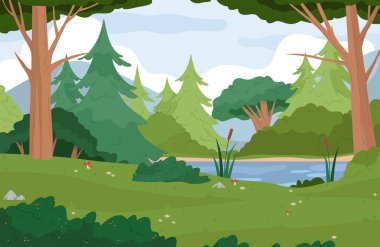 Sazlıklarla kaplı dağ gölü manzarası, ılıman ormanlardaki bitki örtüsünün biyolojik çeşitliliği. Ormanın vektör panoraması. Ağaçları ve çalıları olan bir orman. Çiçekli, taşlı ve mantarlı çayır