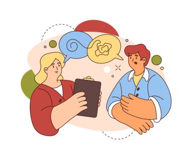 Psikolog seansında çizim yapmak. Vektör düz çizgi film karakteri resme bakıyor ve suçlamalarda bulunuyor. Zihinsel sağlık ve refah, yardım ve yardım