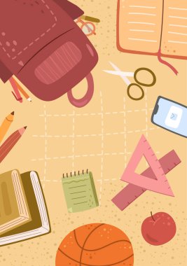 Okula geri dönmek, defter ve eğitim malzemeleri, düz çizgi film geçmişi. Poşet ve cetvel, basketbol topu ve makas, arkaplan üzerinde elma ve akıllı telefonun vektör çizimi