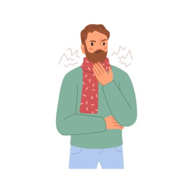 Hasta semptomları olan adam kendini kötü hisseden düz çizgi film karakteri. Baş ağrısı olan öksüren bir erkek. Soğuk algınlığı, mevsimsel grip, yüksek ateş, virüs gribi, burun kanaması.