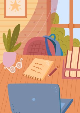 Çalışma odasının içi, dizüstü bilgisayarlı masa, notlar ve kalem, gözlükler ve ev bitkisi. Çalışma alanı vektör çizimi, açık defter, okula dönüş ve ev ödevi konsepti