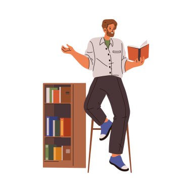 Ders kitabı ya da kişisel yayın. Sınıfa edebiyat, kütüphane görevlisi ya da yazarla olan oturumu izole eden bir öğretmen. Mentor vektör çizgi film karakteri düz biçimli