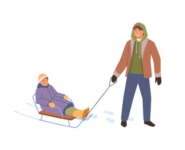 Çocuk ve babası kış tatilinde metroda kayıyor ve tepeden aşağı kayıyorlar. Soğuk ve karlı havada kar kaplı yamaçlarda kızak süren aile, buzda eğleniyor. Düz çizgi film vektör çizimi