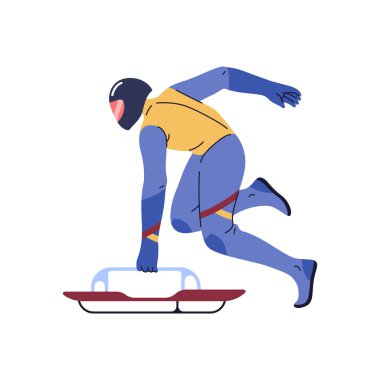 İskelet olimpiyat sporları ve sporcular için meydan okuma. Korumalı giysi giyen izole bir kişi sahneye çıkmaya hazır. Atletik ve kış sportif etkinlikleri. Düz biçimli vektör çizgi film karakteri