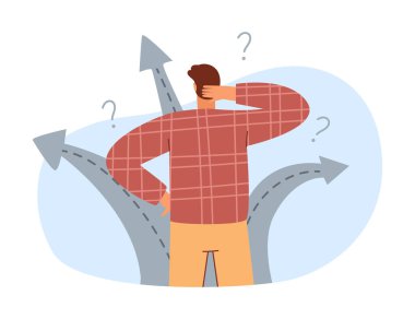 Çözümler, insan farklı yönlerden seçer, kafası karışık adam doğru yolu bilmez. Birden fazla seçenek arasından seçim yapmak, fırsatlar konsepti. Karakter seçimleri yapıyor, karar vektör illüstrasyonu