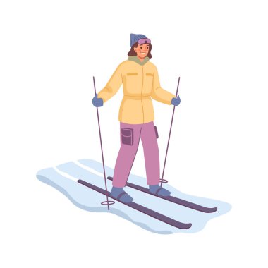 Kayak karikatüründeki kadın kış sporları yapıyor ve kışın eğleniyor. Aşırı dinlenme, dışarıda sıcak kış kıyafetleri içinde kayak yapan tatlı bir kız, vektör çizim karakteri.