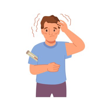 Yüksek ateşi, termometresi, virüs gribi ve küçük çocuğun ateşi olan bir çocuk. Mevsimsel grip ve hastalık hastalıkları olan bir çocuk. Genç hasta, koronavirüs hastası.