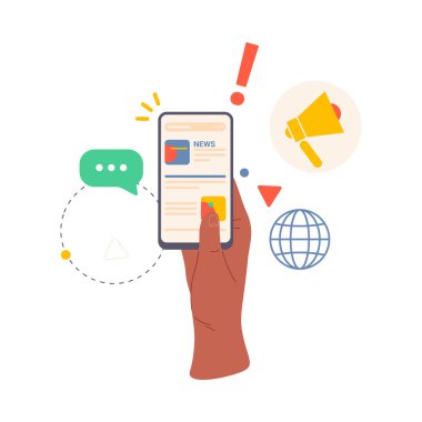 Haber yayınıyla el ele tutuşan akıllı telefon, düz çizgi film çizimi. Kelime, küresel ağ ve web kullanıcıları için güncellemeler hakkında gönderileri ve bilgileri gösteren izole görüntüler