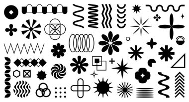 Memphis ya da barbarca şekiller. Vektör, yıldızlı, çiçekli, spiral, dalgalı ve düz çizgileri olan soyut formları izole etti. Typography için grafiksel dekorasyon, grungy modern trend sanat eseri