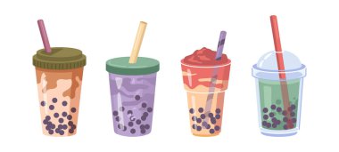 Meyve aromalı boba köpüklü çay bardakları. Kafe veya restoranda servis edilen lezzetli organik içecekler. Yaz için buzlu kokteyl, geleneksel lezzet.