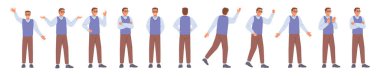 Erkek karakter hareketleri ve iş yerindeki etkileşimler. Vektör yalıtılmış bir adam konuşuyor ve jest yapıyor, konuşma sırasında duygularını ve duygularını ifade ediyor. Kızgın ya da kafası karışık, düşünceli ya da mutlu.