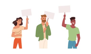 Protesto pankartlı kadın ve erkek eylemciler. Mitingde boş pankartlı vektör insanlar. Manifestolar ve politik protestolar. Eylemdeki göstericiler veya göstericiler boş işaretler gösteriyorlar