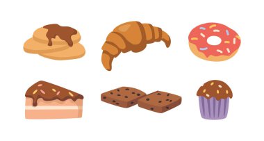 Tatlı ve tatlı çeşitleri ve çeşitlilik, izole edilmiş şekerleme ürünleri, lezzetli restoranlar. Şekerli kek ve çörek, krep ve kek, çikolatalı kurabiye ve kruvasan..