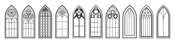 stock vector Vintage medieval gothic window frames with mosaic. Vector isolated set of monochrome colorless architectural elements for cathedrals or exterior, facade of catholic churches, construction art